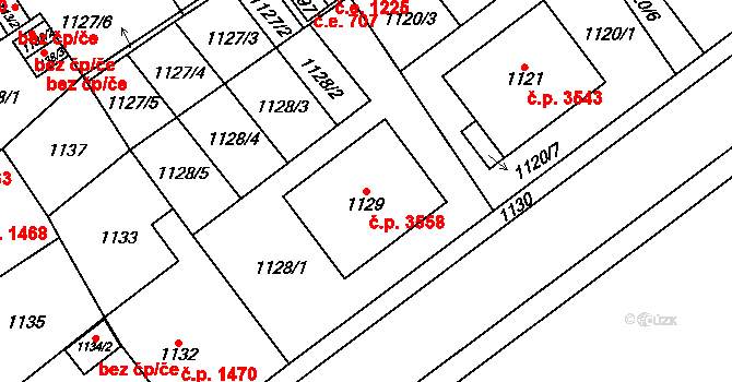 Chomutov 3558 na parcele st. 1129 v KÚ Chomutov I, Katastrální mapa