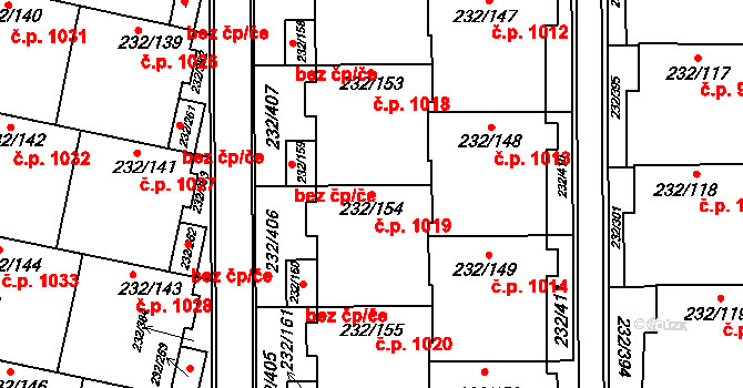 Lobzy 1019, Plzeň na parcele st. 232/154 v KÚ Lobzy, Katastrální mapa