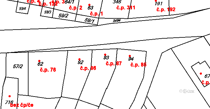 Čebín 87 na parcele st. 93 v KÚ Čebín, Katastrální mapa
