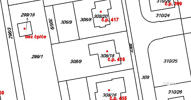 Želešice 416 na parcele st. 308/18 v KÚ Želešice, Katastrální mapa