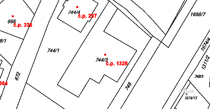 Kopřivnice 1328 na parcele st. 744/3 v KÚ Kopřivnice, Katastrální mapa