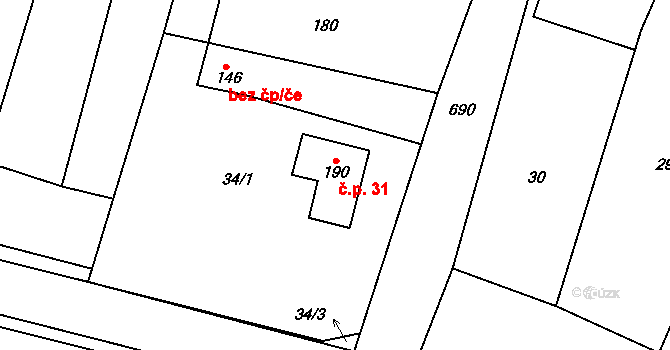 Petrovice 31 na parcele st. 190 v KÚ Petrovice u Nového Bydžova, Katastrální mapa