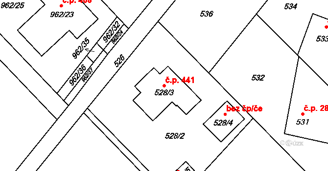 Křelov 441, Křelov-Břuchotín na parcele st. 528/3 v KÚ Křelov, Katastrální mapa