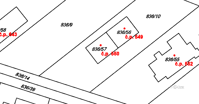 Zruč 550, Zruč-Senec na parcele st. 836/57 v KÚ Zruč, Katastrální mapa