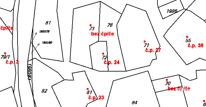 Kladná Žilín 24, Luhačovice na parcele st. 72 v KÚ Kladná Žilín, Katastrální mapa