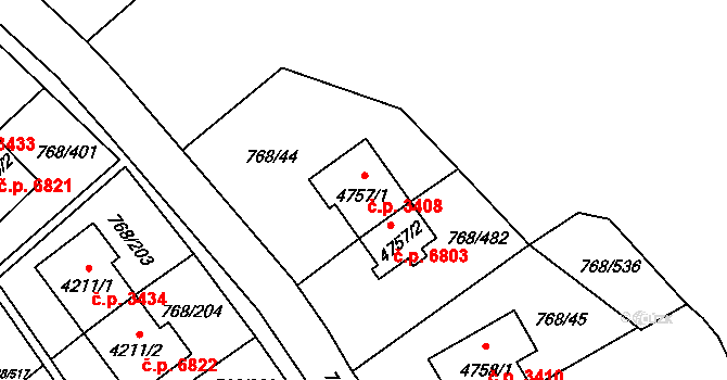 Zlín 3408 na parcele st. 4757/1 v KÚ Zlín, Katastrální mapa