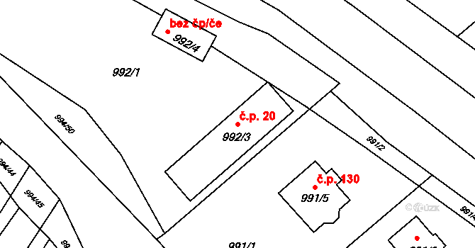 Kobeřice u Brna 20 na parcele st. 992/3 v KÚ Kobeřice u Brna, Katastrální mapa