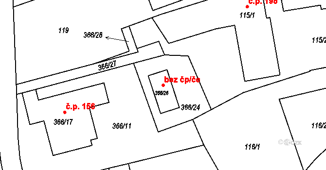 Hosín 48673943 na parcele st. 366/26 v KÚ Hosín, Katastrální mapa