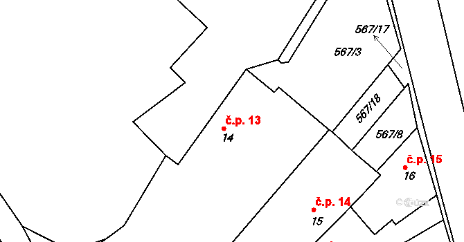 Korycany 13, Neratovice na parcele st. 14 v KÚ Korycany, Katastrální mapa