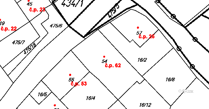 Hyršov 62, Všeruby na parcele st. 54 v KÚ Hyršov, Katastrální mapa