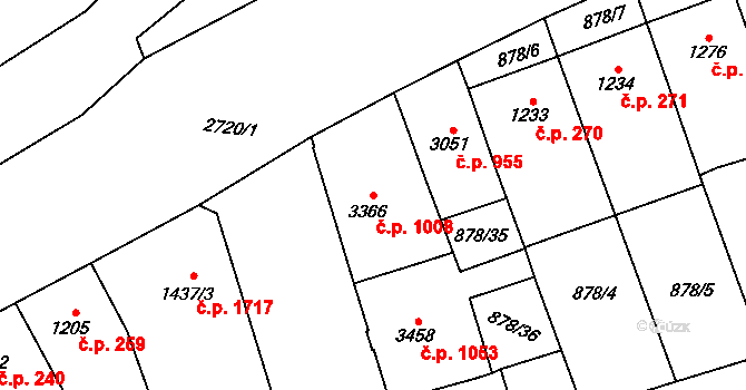 Bílé Předměstí 1008, Pardubice na parcele st. 3366 v KÚ Pardubice, Katastrální mapa