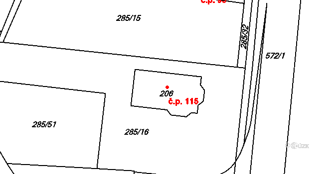 Zábědov 115, Nový Bydžov na parcele st. 206 v KÚ Zábědov, Katastrální mapa