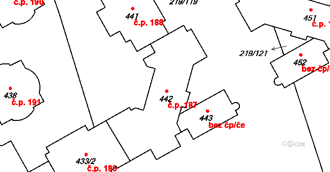 Domoradice 187, Český Krumlov na parcele st. 442 v KÚ Přísečná-Domoradice, Katastrální mapa