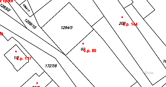 Soběchleby 80, Blšany na parcele st. 92 v KÚ Soběchleby u Podbořan, Katastrální mapa