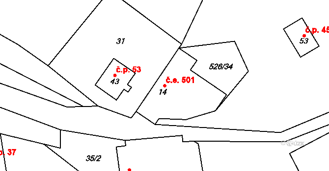 Cibotín 501, Česká Bělá na parcele st. 14 v KÚ Cibotín, Katastrální mapa