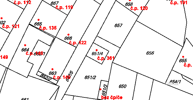 Semice 361 na parcele st. 651/4 v KÚ Semice nad Labem, Katastrální mapa