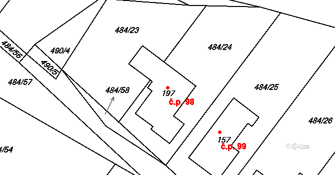 Lesní Hluboké 98 na parcele st. 197 v KÚ Lesní Hluboké, Katastrální mapa