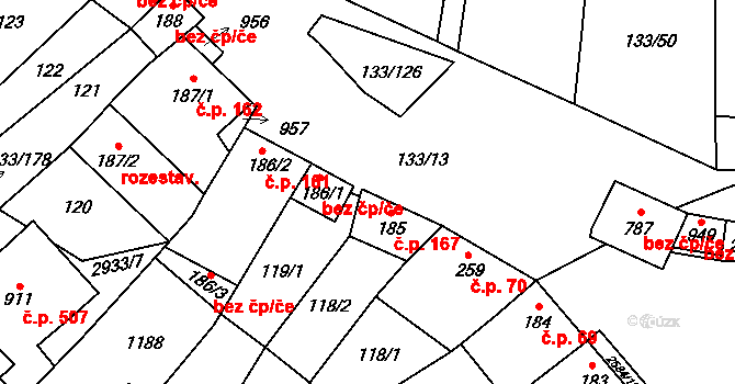 Bořetice 167 na parcele st. 185 v KÚ Bořetice u Hustopečí, Katastrální mapa