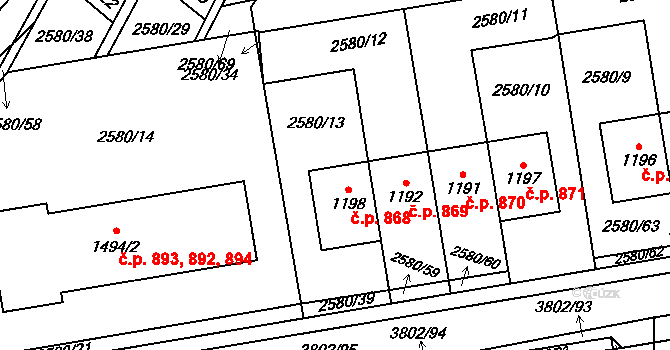 Dobřany 868 na parcele st. 1198 v KÚ Dobřany, Katastrální mapa