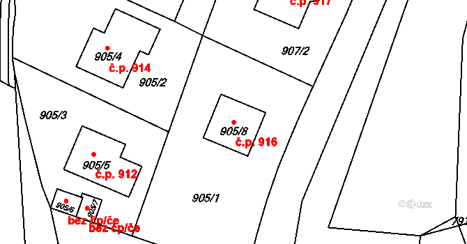 Zruč nad Sázavou 916 na parcele st. 905/8 v KÚ Zruč nad Sázavou, Katastrální mapa