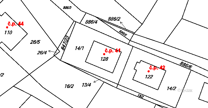 Lomy 41, Člunek na parcele st. 128 v KÚ Lomy u Kunžaku, Katastrální mapa