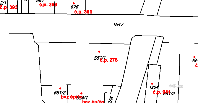 Prachatice II 278, Prachatice na parcele st. 551/1 v KÚ Prachatice, Katastrální mapa