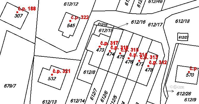 Řetová 317 na parcele st. 473 v KÚ Řetová, Katastrální mapa
