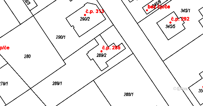 Třebestovice 285 na parcele st. 289/2 v KÚ Třebestovice, Katastrální mapa