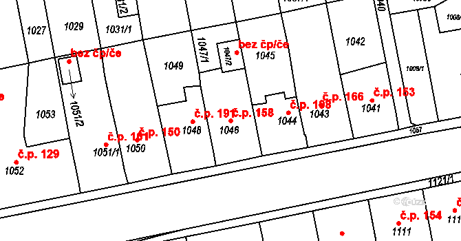 Miřetice u Klášterce nad Ohří 158, Klášterec nad Ohří na parcele st. 1046 v KÚ Miřetice u Klášterce nad Ohří, Katastrální mapa