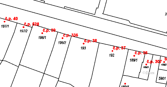 Mohelno 38 na parcele st. 193 v KÚ Mohelno, Katastrální mapa