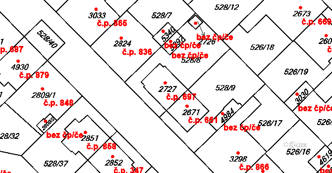 Borovina 697, Třebíč na parcele st. 2727 v KÚ Třebíč, Katastrální mapa