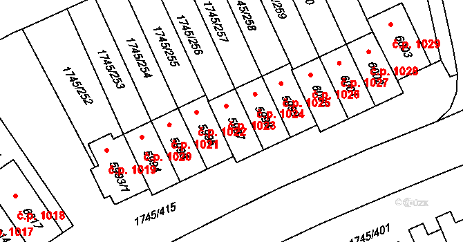 Nové Dvory 1023, Třebíč na parcele st. 5997 v KÚ Třebíč, Katastrální mapa