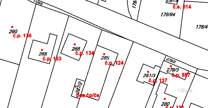 Ivanovice 124, Brno na parcele st. 285 v KÚ Ivanovice, Katastrální mapa