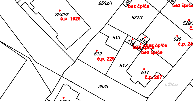 Sobědruhy 229, Teplice na parcele st. 512 v KÚ Sobědruhy, Katastrální mapa