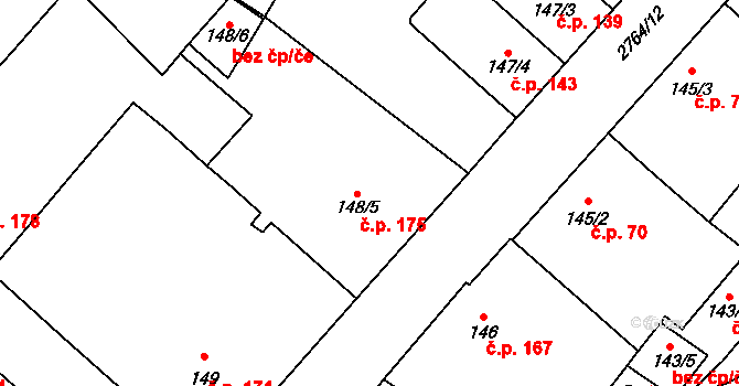 Střed 175, Rokycany na parcele st. 148/5 v KÚ Rokycany, Katastrální mapa