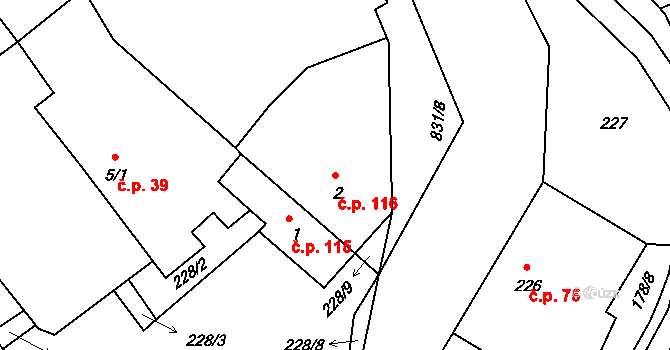 Tušť 116, Suchdol nad Lužnicí na parcele st. 2 v KÚ Tušť, Katastrální mapa