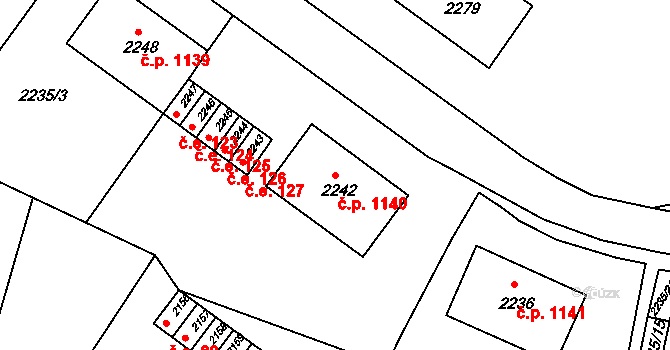 Jirkov 1140 na parcele st. 2242 v KÚ Jirkov, Katastrální mapa