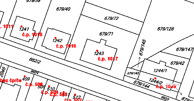 Rosice 1017 na parcele st. 1243 v KÚ Rosice u Brna, Katastrální mapa