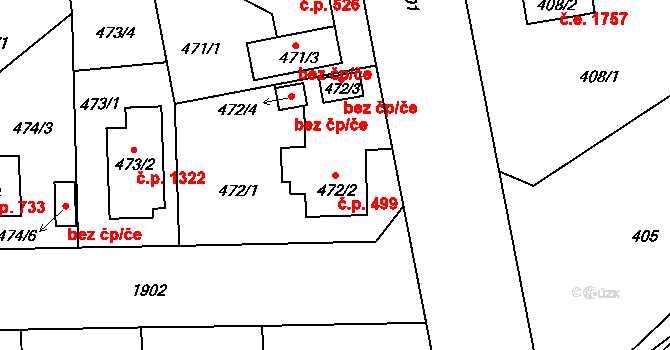 Černice 499, Plzeň na parcele st. 472/2 v KÚ Bručná, Katastrální mapa