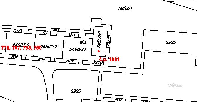 Komín 1081, Brno na parcele st. 2450/30 v KÚ Komín, Katastrální mapa