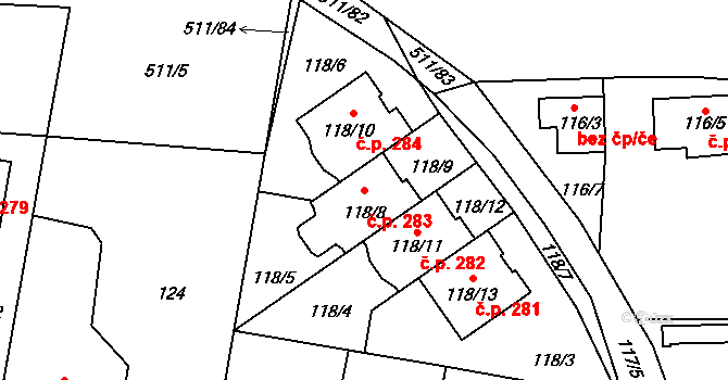 Jinočany 283 na parcele st. 118/8 v KÚ Jinočany, Katastrální mapa