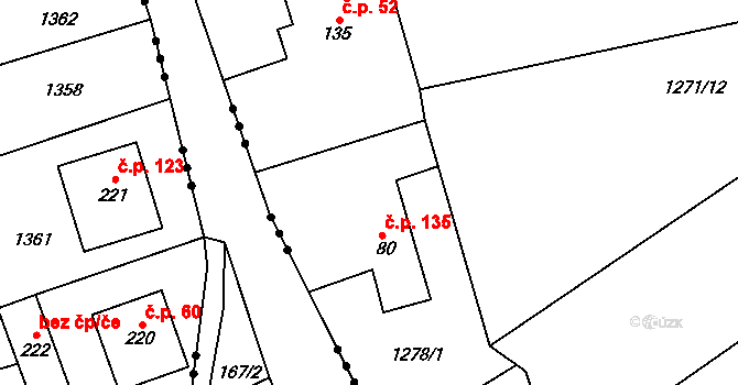 Heraltice 135 na parcele st. 80 v KÚ Heraltice, Katastrální mapa