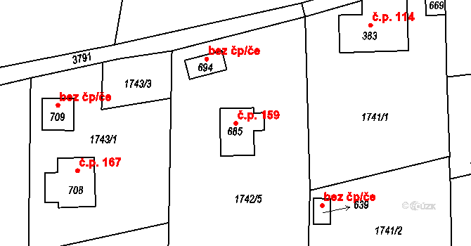 Huntířov 159, Skuhrov na parcele st. 685 v KÚ Skuhrov u Železného Brodu, Katastrální mapa