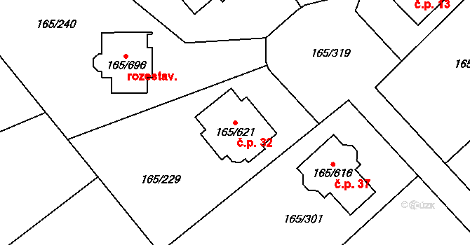 Pod Rohem 32, Jenišov na parcele st. 165/621 v KÚ Jenišov, Katastrální mapa
