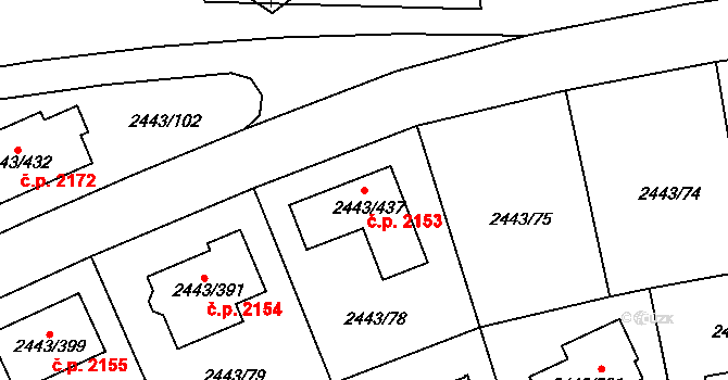 Roztoky 2153 na parcele st. 2443/437 v KÚ Roztoky u Prahy, Katastrální mapa