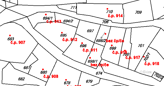 Brumov 911, Brumov-Bylnice na parcele st. 696 v KÚ Brumov, Katastrální mapa