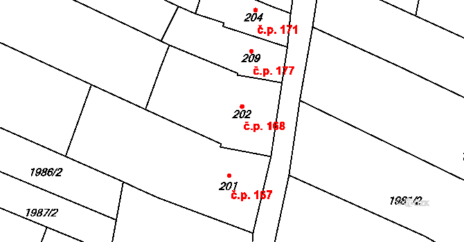 Drysice 168 na parcele st. 202 v KÚ Drysice, Katastrální mapa