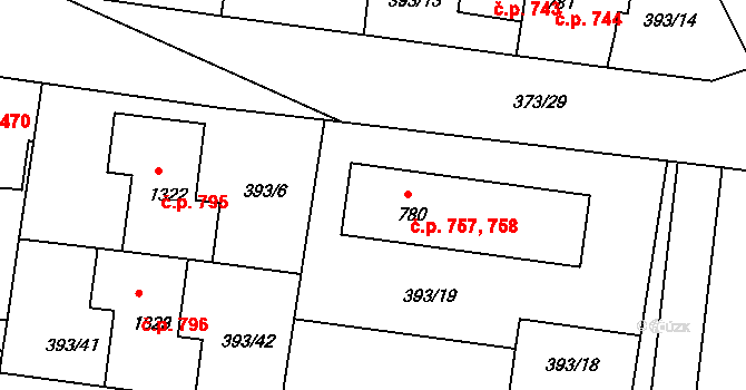 Unhošť 757,758 na parcele st. 780 v KÚ Unhošť, Katastrální mapa