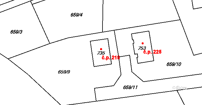 Mostek 219 na parcele st. 735 v KÚ Mostek, Katastrální mapa