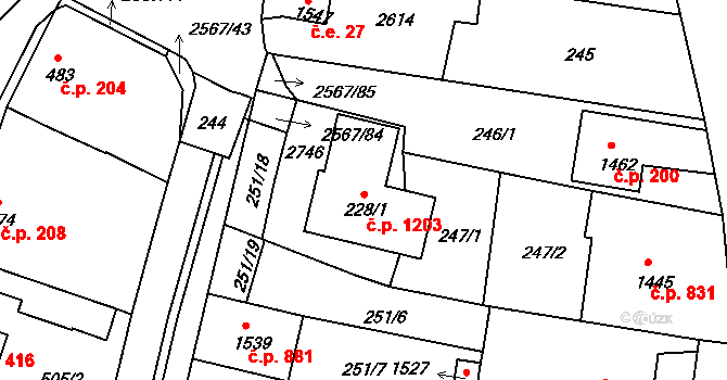 Pacov 1203 na parcele st. 228/1 v KÚ Pacov, Katastrální mapa
